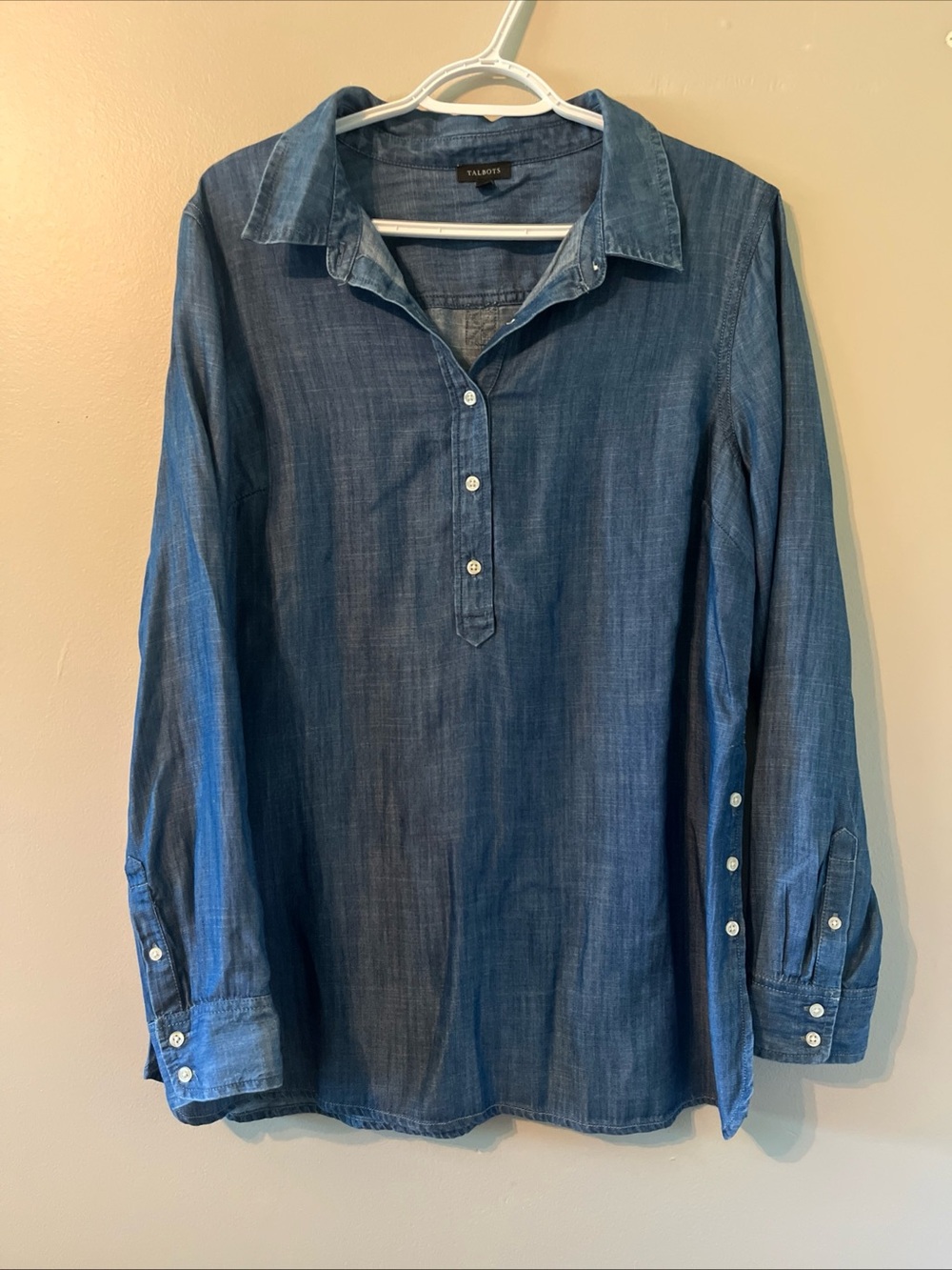 Talbots Blouse Womens Large Blue Chambray Denim Collared Long Sleeve Tunic Top